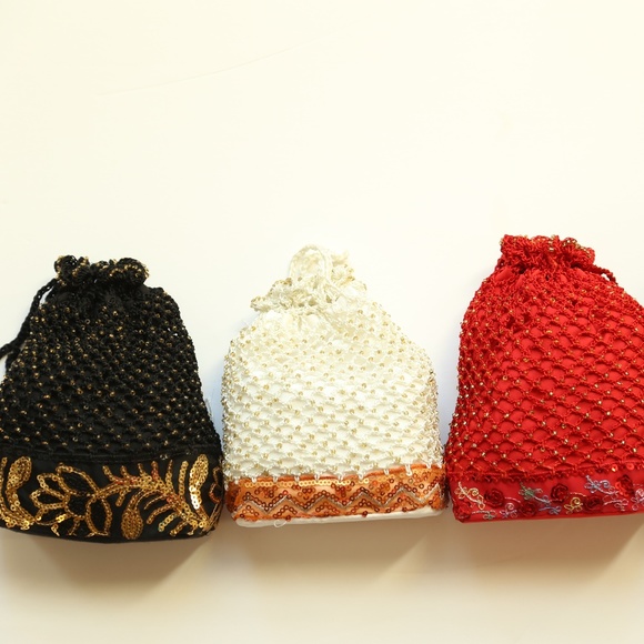 3 NWT LINED CROCHET SEQUIN HANDMADE POTLI  BAGS - Picture 6 of 6